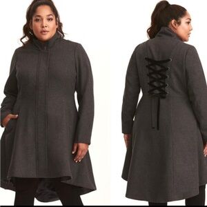 NWOT New Torrid grey corset back lace up peplum zip up & button up coat